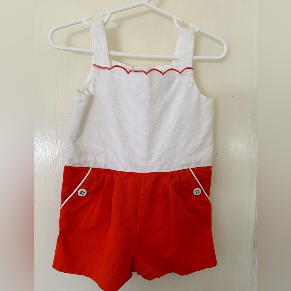 Girl’s three-piece summer set, including romper, hat, and swimsuit!